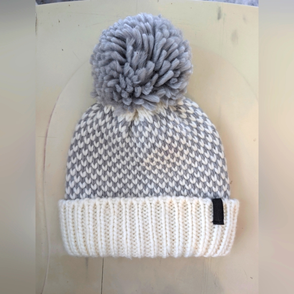 Cozy Gray and Cream Knit Pom-Pom Beanie